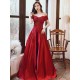 Glamorous Evening Dress A-Line Bateau Neck Floor-Length Short Sleeves Lace-up Beaded Matte Satin evening dress