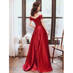 Glamorous Evening Dress A-Line Bateau Neck Floor-Length Short Sleeves Lace-up Beaded Matte Satin evening dress