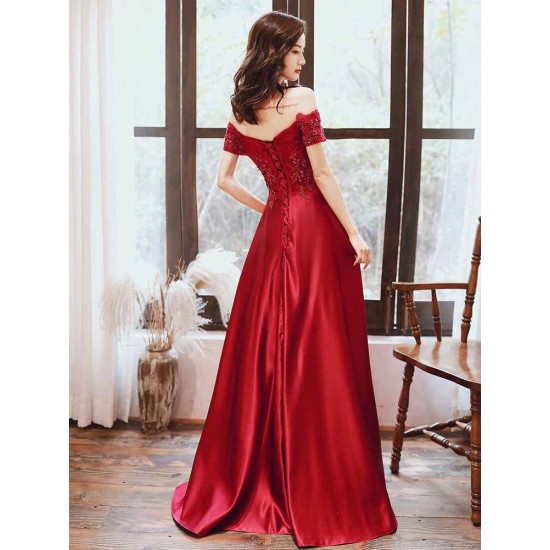 Glamorous Evening Dress A-Line Bateau Neck Floor-Length Short Sleeves Lace-up Beaded Matte Satin evening dress