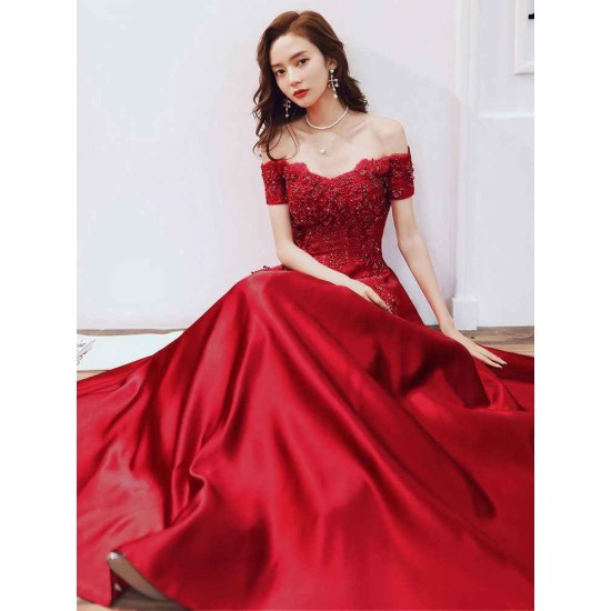 Glamorous Evening Dress A-Line Bateau Neck Floor-Length Short Sleeves Lace-up Beaded Matte Satin evening dress