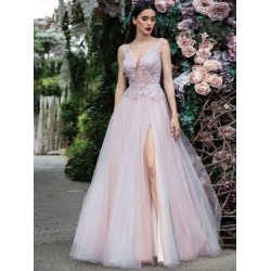 Glamorous Women Evening Dress A-Line V-Neck Floor-Length Backless Applique Lace Social Pageant Dresses Split Gown