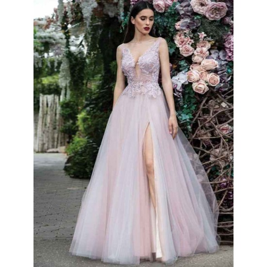 Glamorous Women Evening Dress A-Line V-Neck Floor-Length Backless Applique Lace Social Pageant Dresses Split Gown