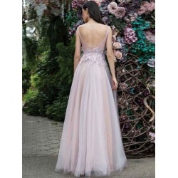 Glamorous Women Evening Dress A-Line V-Neck Floor-Length Backless Applique Lace Social Pageant Dresses Split Gown
