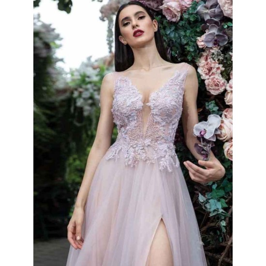 Glamorous Women Evening Dress A-Line V-Neck Floor-Length Backless Applique Lace Social Pageant Dresses Split Gown