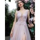 Glamorous Women Evening Dress A-Line V-Neck Floor-Length Backless Applique Lace Social Pageant Dresses Split Gown