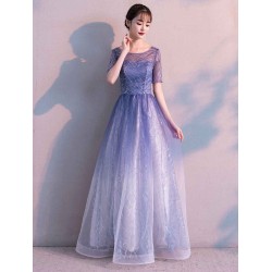 Glamorous Long Evening Dresses Ombre Tulle Sequin Half Sleeve Formal Evening Dress