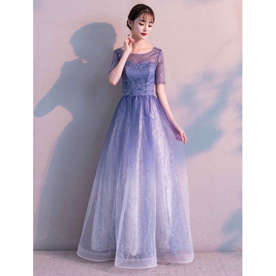 Glamorous Long Evening Dresses Ombre Tulle Sequin Half Sleeve Formal Evening Dress