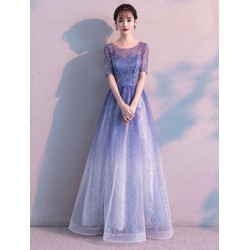 Glamorous Long Evening Dresses Ombre Tulle Sequin Half Sleeve Formal Evening Dress