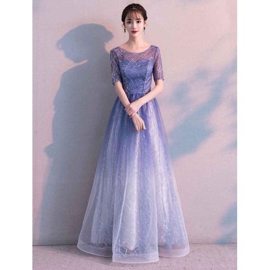 Glamorous Long Evening Dresses Ombre Tulle Sequin Half Sleeve Formal Evening Dress