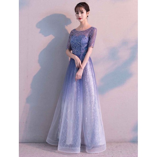 Glamorous Long Evening Dresses Ombre Tulle Sequin Half Sleeve Formal Evening Dress