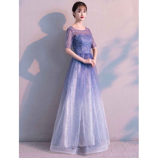 Glamorous Long Evening Dresses Ombre Tulle Sequin Half Sleeve Formal Evening Dress