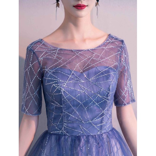 Glamorous Long Evening Dresses Ombre Tulle Sequin Half Sleeve Formal Evening Dress