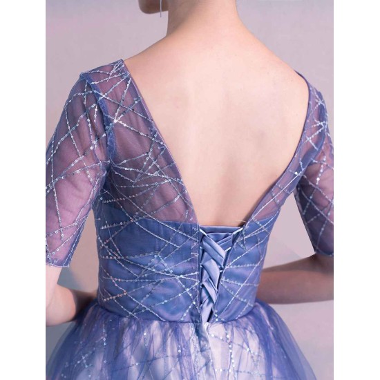 Glamorous Long Evening Dresses Ombre Tulle Sequin Half Sleeve Formal Evening Dress