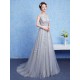 Glamorous Silver evening dress Tulle Backless Party Dress Lace Applique A Line Occasion Dress With Train