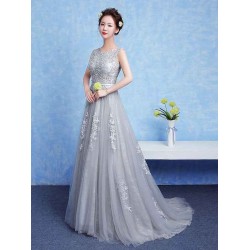 Glamorous Silver evening dress Tulle Backless Party Dress Lace Applique A Line Occasion Dress With Train