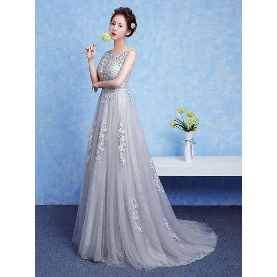 Glamorous Silver evening dress Tulle Backless Party Dress Lace Applique A Line Occasion Dress With Train