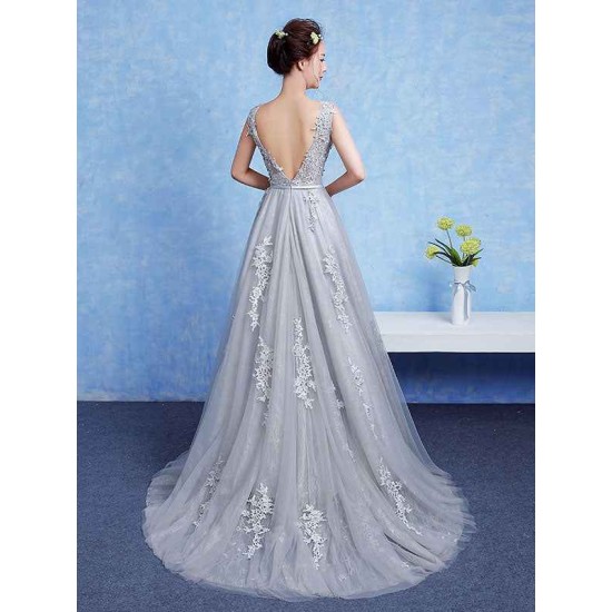 Glamorous Silver evening dress Tulle Backless Party Dress Lace Applique A Line Occasion Dress With Train