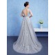 Glamorous Silver evening dress Tulle Backless Party Dress Lace Applique A Line Occasion Dress With Train