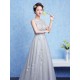 Glamorous Silver evening dress Tulle Backless Party Dress Lace Applique A Line Occasion Dress With Train