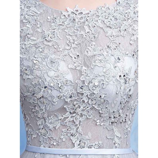 Glamorous Silver evening dress Tulle Backless Party Dress Lace Applique A Line Occasion Dress With Train