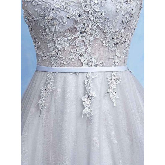 Glamorous Silver evening dress Tulle Backless Party Dress Lace Applique A Line Occasion Dress With Train