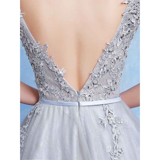 Glamorous Silver evening dress Tulle Backless Party Dress Lace Applique A Line Occasion Dress With Train