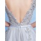 Glamorous Silver evening dress Tulle Backless Party Dress Lace Applique A Line Occasion Dress With Train