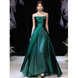 Modern Evening Dress A-Line Strapless Satin Fabric Floor-Length Pleated Formal Party Dresses Forest Green Pageant Dress