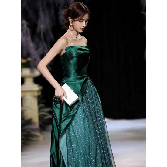 Modern Evening Dress A-Line Strapless Satin Fabric Floor-Length Pleated Formal Party Dresses Forest Green Pageant Dress