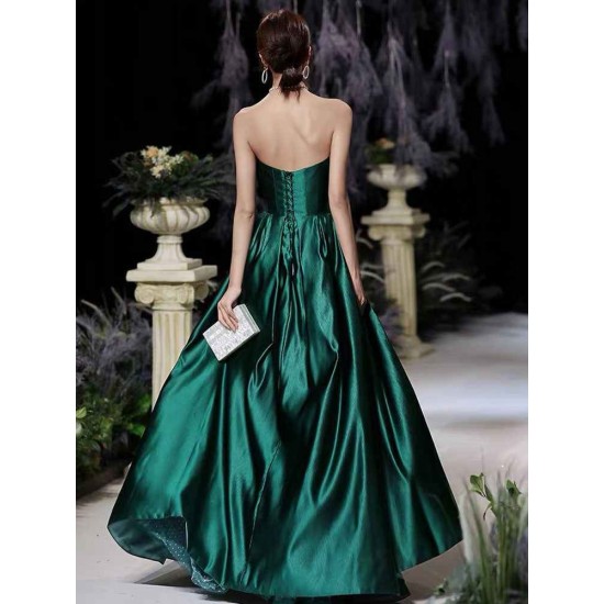 Modern Evening Dress A-Line Strapless Satin Fabric Floor-Length Pleated Formal Party Dresses Forest Green Pageant Dress