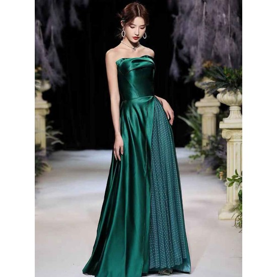 Modern Evening Dress A-Line Strapless Satin Fabric Floor-Length Pleated Formal Party Dresses Forest Green Pageant Dress