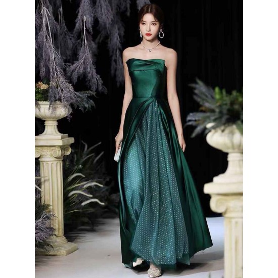 Modern Evening Dress A-Line Strapless Satin Fabric Floor-Length Pleated Formal Party Dresses Forest Green Pageant Dress