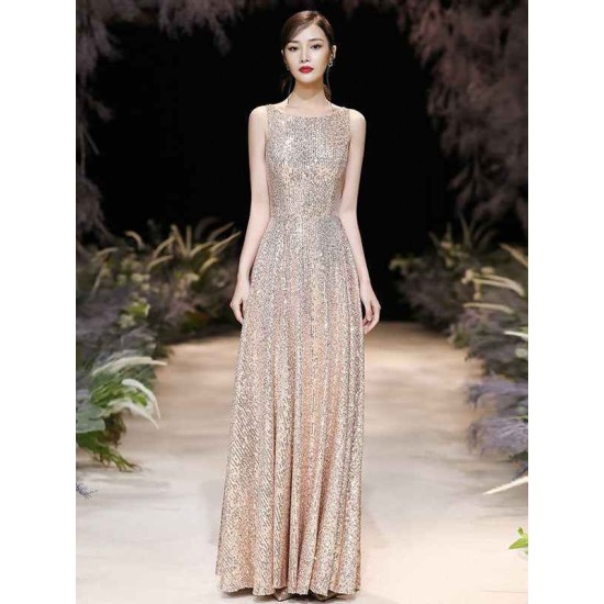 Modern Evening Dress A-Line Jewel Neck Floor-Length Sleeveless Zipper Sequined evening dress