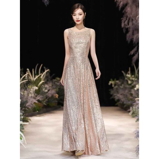 Modern Evening Dress A-Line Jewel Neck Floor-Length Sleeveless Zipper Sequined evening dress