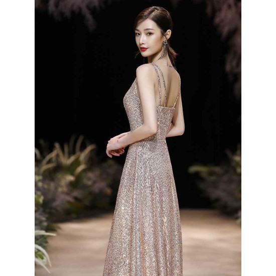 Modern Evening Dress A-Line Jewel Neck Floor-Length Sleeveless Zipper Sequined evening dress