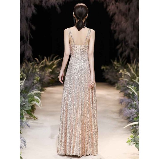 Modern Evening Dress A-Line Jewel Neck Floor-Length Sleeveless Zipper Sequined evening dress