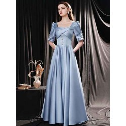 Modern Evening Dress Mint Blue A-Line Square Neck Floor-Length Half Sleeves Lace-up Pageant Dress
