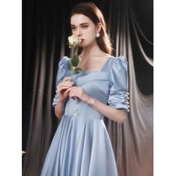 Modern Evening Dress Mint Blue A-Line Square Neck Floor-Length Half Sleeves Lace-up Pageant Dress