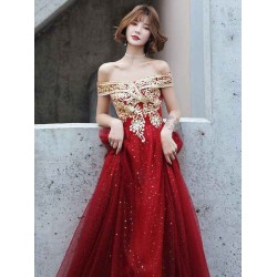Modern Evening Dress A-Line Bateau Neck Tulle Floor-Length Sequins Sequined Dress