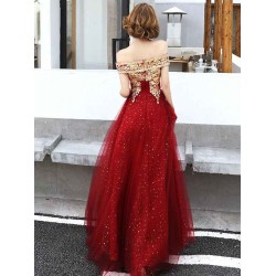 Modern Evening Dress A-Line Bateau Neck Tulle Floor-Length Sequins Sequined Dress