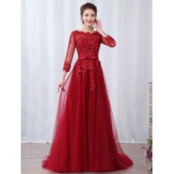 Modern Burgundy Evening Dresses Long Sleeve Lace Applique Beaded Formal Gown With Train