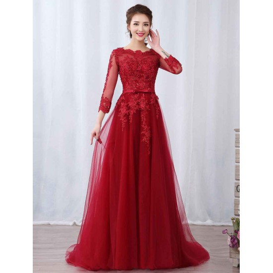 Modern Burgundy Evening Dresses Long Sleeve Lace Applique Beaded Formal Gown With Train