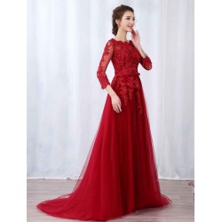 Modern Burgundy Evening Dresses Long Sleeve Lace Applique Beaded Formal Gown With Train
