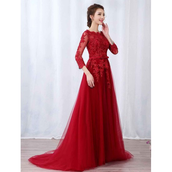 Modern Burgundy Evening Dresses Long Sleeve Lace Applique Beaded Formal Gown With Train