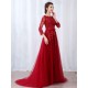 Modern Burgundy Evening Dresses Long Sleeve Lace Applique Beaded Formal Gown With Train