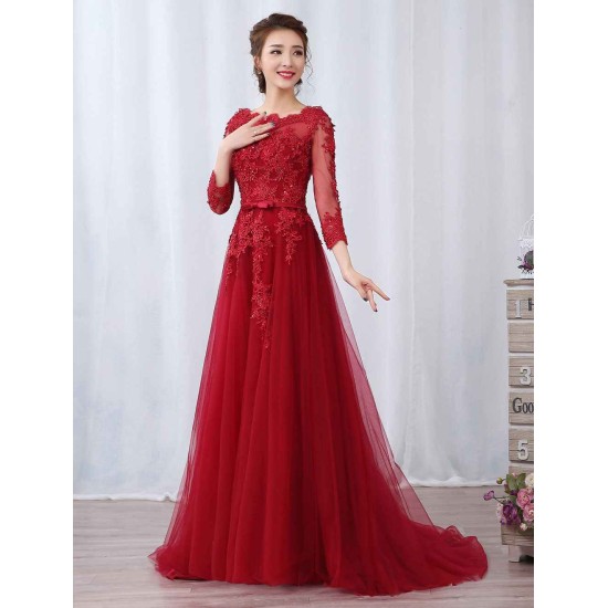 Modern Burgundy Evening Dresses Long Sleeve Lace Applique Beaded Formal Gown With Train