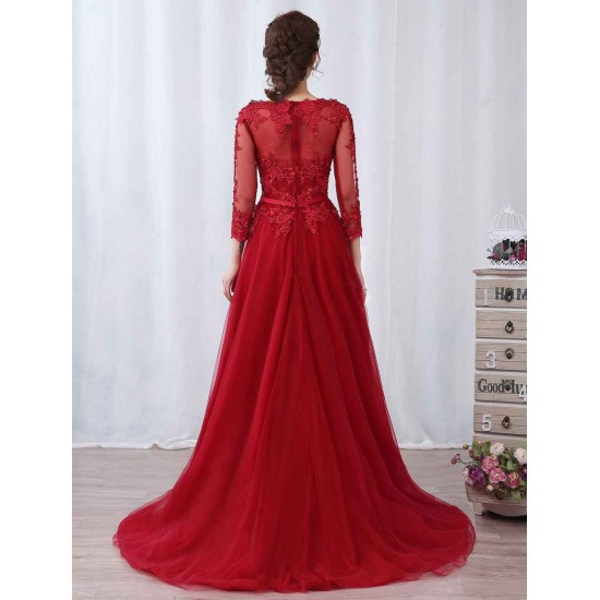 Modern Burgundy Evening Dresses Long Sleeve Lace Applique Beaded Formal Gown With Train