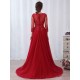Modern Burgundy Evening Dresses Long Sleeve Lace Applique Beaded Formal Gown With Train