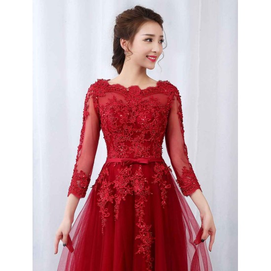 Modern Burgundy Evening Dresses Long Sleeve Lace Applique Beaded Formal Gown With Train