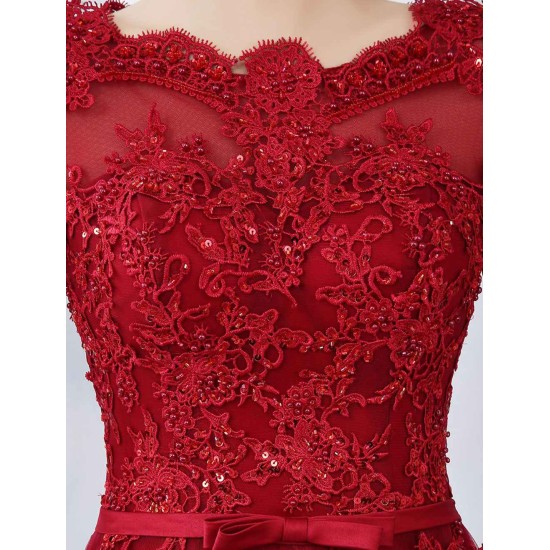 Modern Burgundy Evening Dresses Long Sleeve Lace Applique Beaded Formal Gown With Train